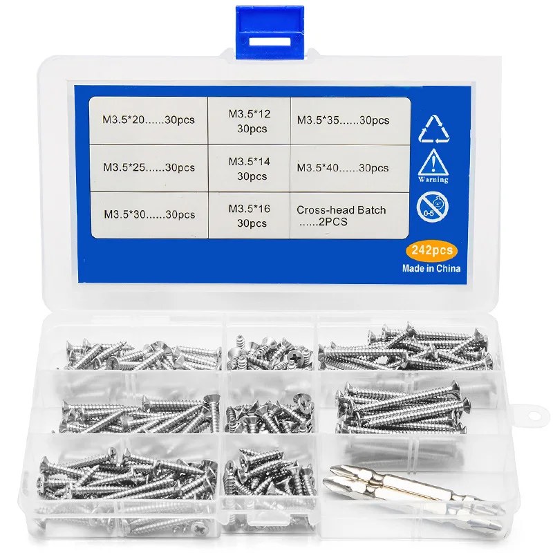 272 Pcs Self-tapping Screw Set Head Self Drilling Tapping Screw Kit 410 Stainless Steel Washer Head Cross Countersunk Head