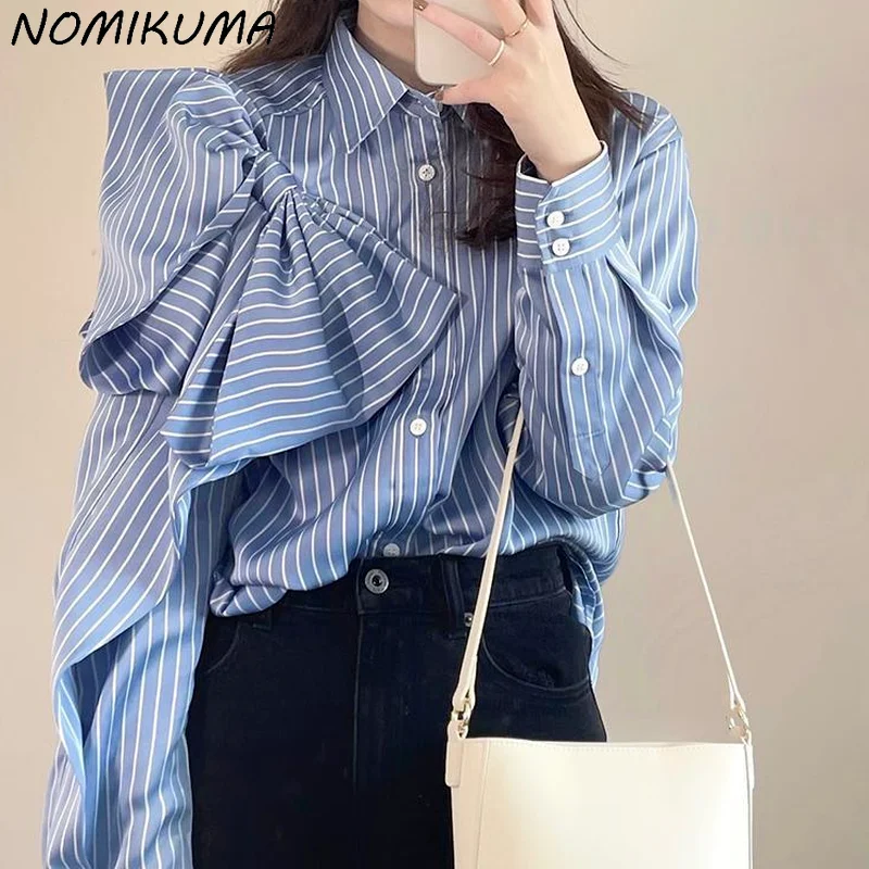 Nomikuma Elegant Bowknot Striped Women Blouses Korean Long Sleeve Turn-down Collar Top Shirt Autumn 2023 New Camisas Mujer 6X513