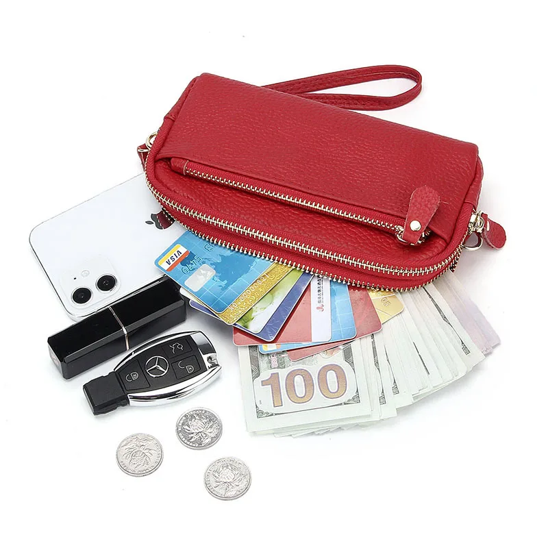 Genuine Leather Women Double Zip Wallet 2024 new Ladies Clutch Purse Cowhide Wristlet Bag Coin Purse Fashion Mobile Phone Bags