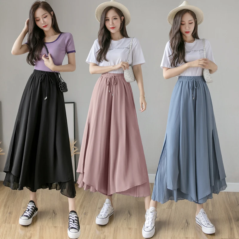 Casual Solid Color Wide Leg Pants Elastic High-waist Pleated Women\'s Pants Spring Loose Flowing Summer Female Chiffon Trousers