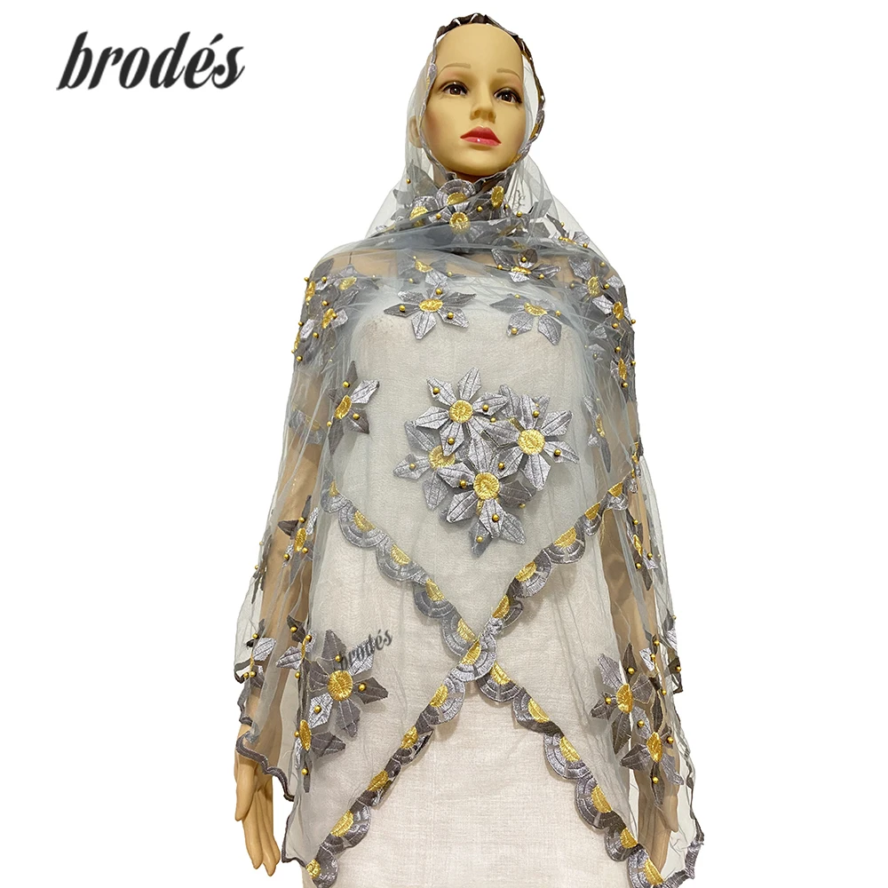 Embroidered Net Shawl for African Women, Diamond Headscarf, Indian Arabia Scarf, Tulle Material, 200*50cm, Muslim Fashion