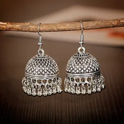 Indian Women's Silver Color Beads Tassel Jhumka Earrings Ethnic Gypsy Gold Color Alloy Big Bell Drop Earring Fashion Jewelry