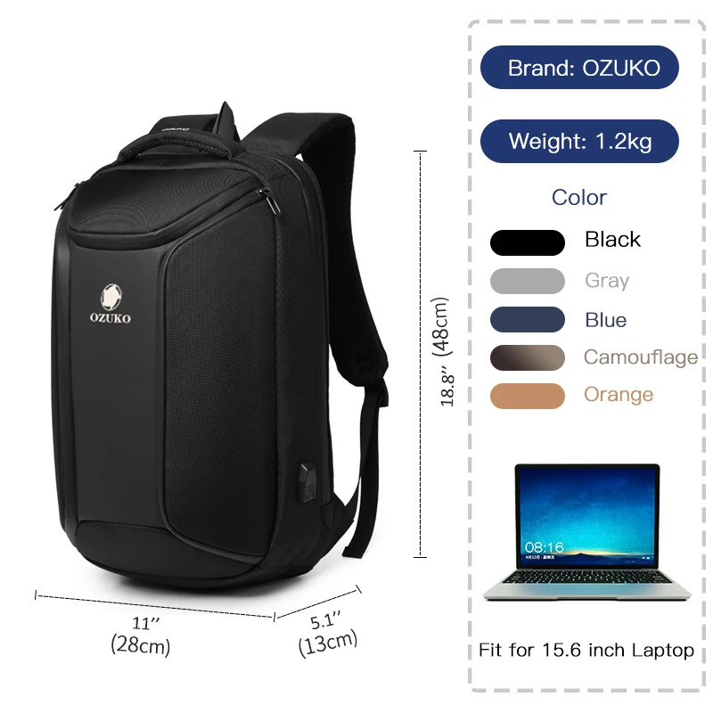 OZUKO Anti-theft Men Backpack Large Capacity 15.6 inch Laptop Backpack Mens Waterproof Backpacks USB Charging Male Travel Bag