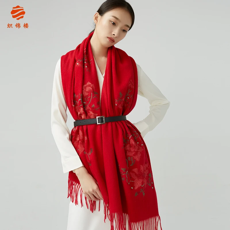 Chinese Hand Embroidery Shawl Outer Match Ethnic Style Wool Embroidered Scarf Women's Long Warm Fashion Scarf Gift Winter