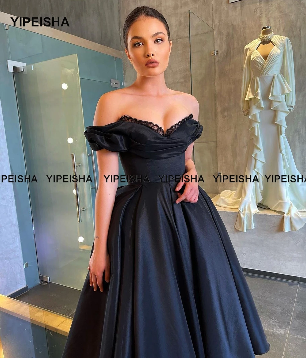 Yipeisha Vintage Đầm Đen Nhỏ Ngoài Vai Trà Chiều Dài Tiệc Cocktail Đầm Một Dòng Taffeta Tiệc Váy Áo Dây De soiree