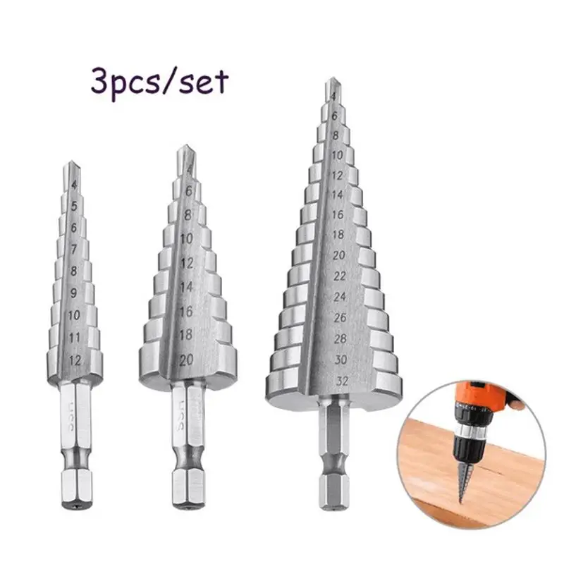 Broca escalonada de 3 piezas, cono escalonado Hss, cortador de agujeros de Metal, taladro cónico hexagonal, accesorios de herramientas eléctricas de 4-12/20/32mm
