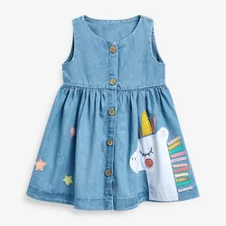 Little maven Baby Girls Summer Dress for New Year 2024 Denim Unicorn Dress Lovely Casual Clothes for Kids 2-7 year