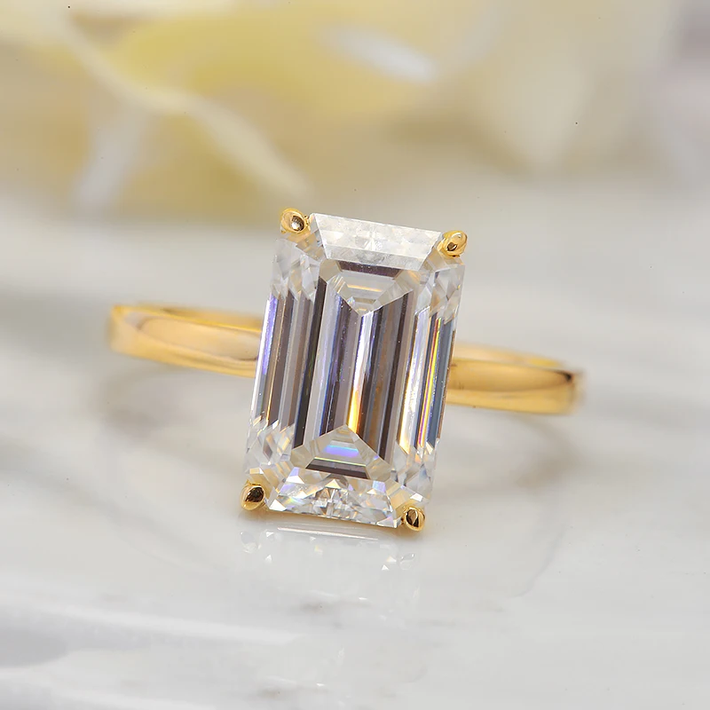 Real 14k Yellow Gold Emerald Brilliant Cut Moissanite Engagment Halo Ring 4.0 Carat Fine Ring for Womne Gift D color