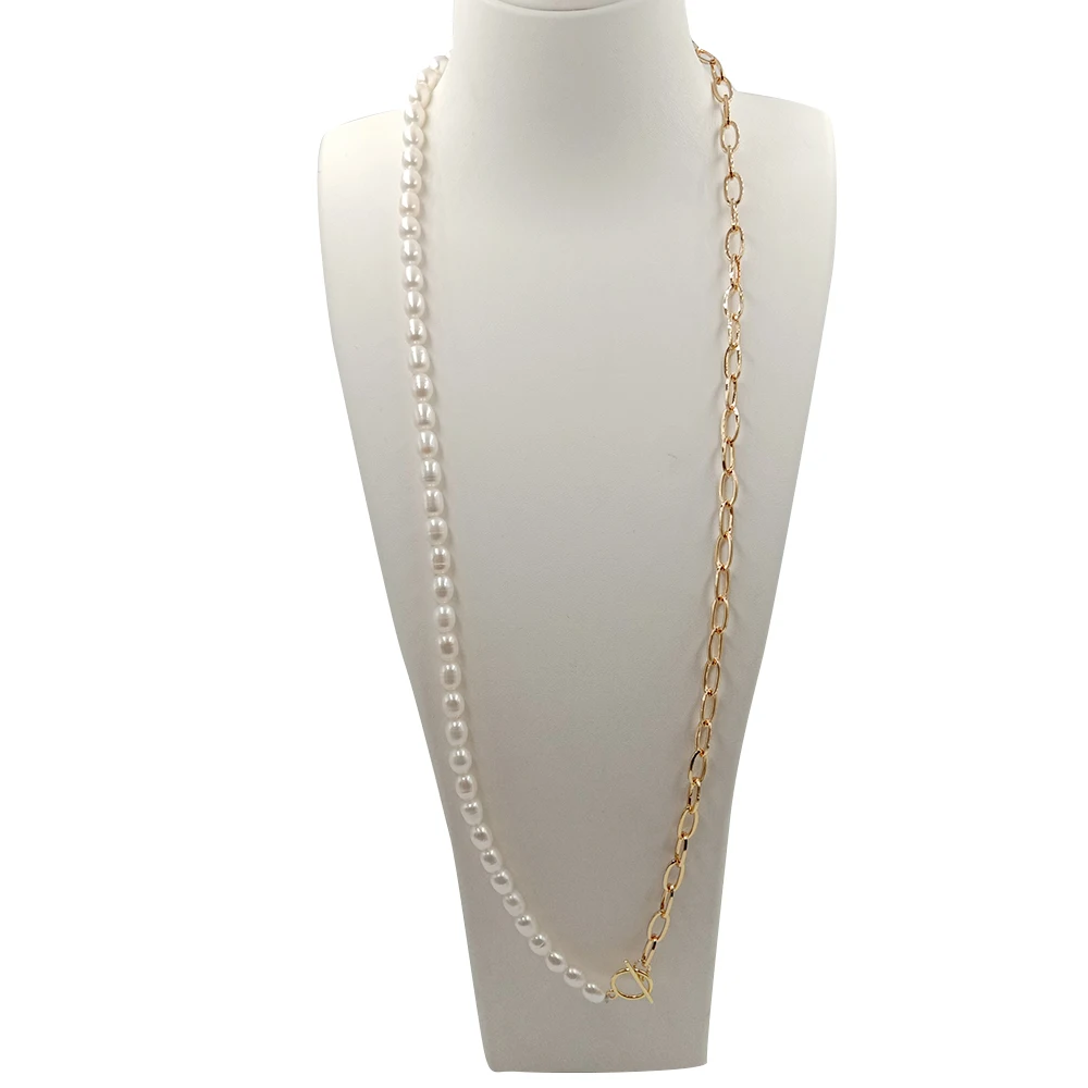 80 cm ,100% NATURE FRESHWATER PEARL LONG  NECKLACE-stainless steel chain with 18 k gold plating , rice shape freshwater pearl