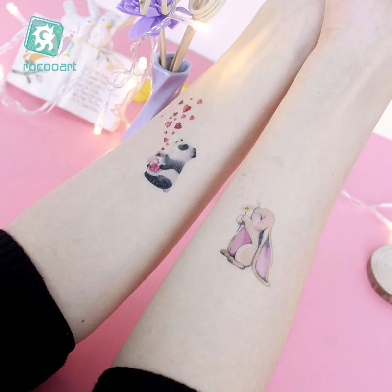 Rocooart Water Transfer fake flash tattoo cute rabbit cat panda small animal Waterproof Temporary Tattoo sticker for adults ki