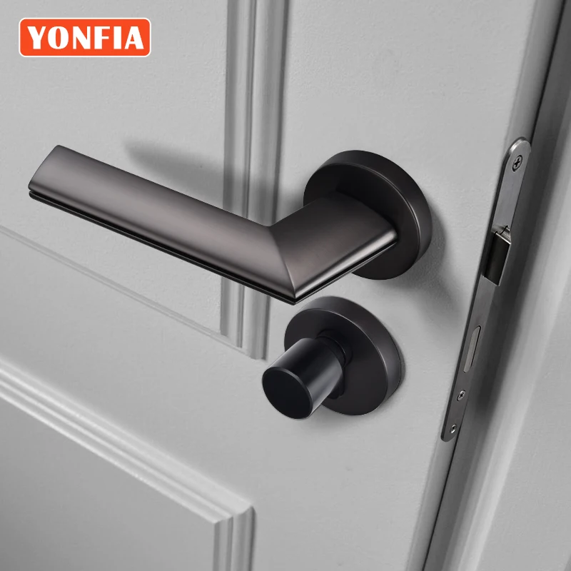 

YONFIA 8032 Modern Gun Metal Black Interior Door Handle Lock Home Security Door Lock Handle Design without Key Grey Color