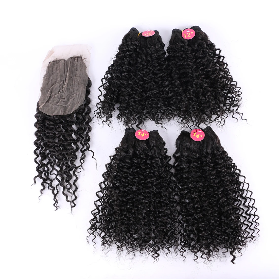 4+1 Kinky Curly Hair Bundles with Closure High Temperature Synthetic Hair Extensions Weave Deep Wave Curly Hair for Black Women