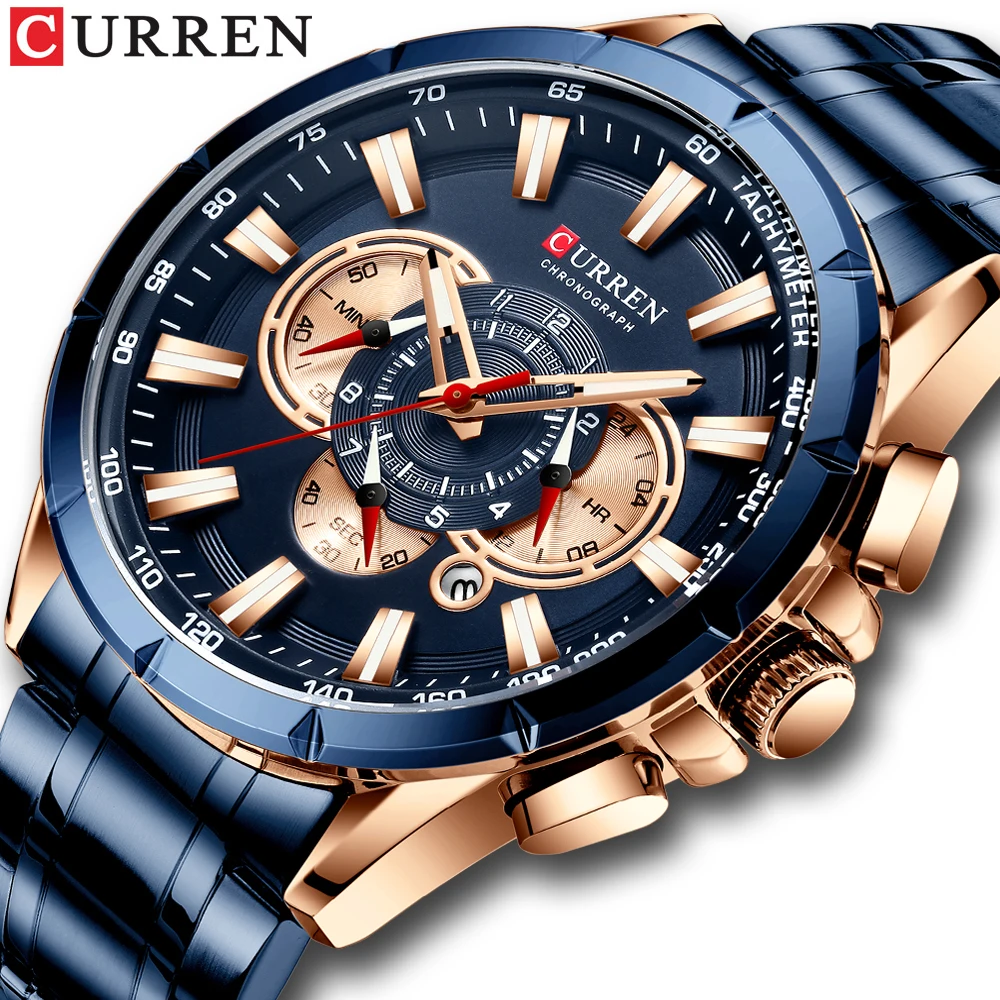 

CURREN New Mens Watches Fashion Stainless Steel Sport Quartz Watch Men Luxury Brand Chronograph Military Waterproof Wristwatch