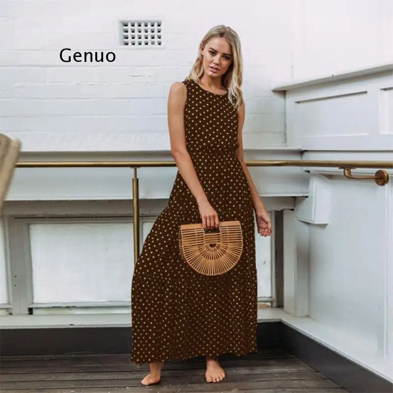 Women Summer Boho Casual Sleeveless Dress Homewear Polka-Dot Party Beach Long Maxi Navy Dress Sundress