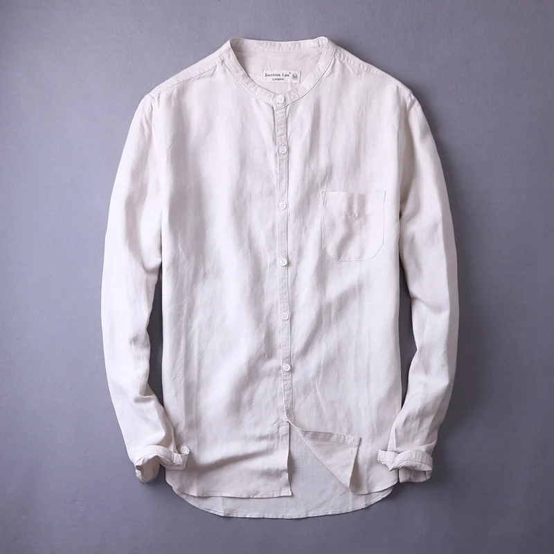 Designer Italy New casual stand collar linen shirt men long sleeve cotton shirts for men solid white men shirt brand chemise