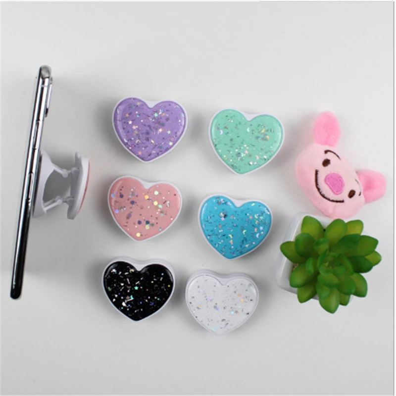 50pcs heart shape Glitter Sparkles epoxy glue material mobile phone folding stretch bracket Phone Holder