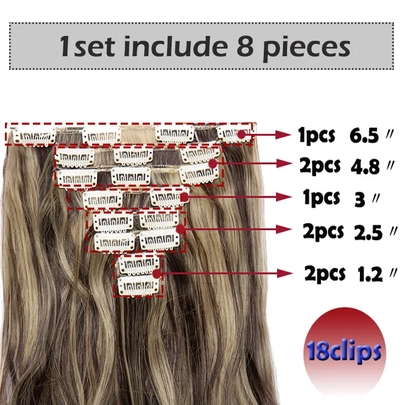 S-noilite syntetyczne 24-calowe 18 doczepy włosów na klipsy długie faliste włosy Clip In 8 sztuk/zestaw wysokotemperaturowych włókien