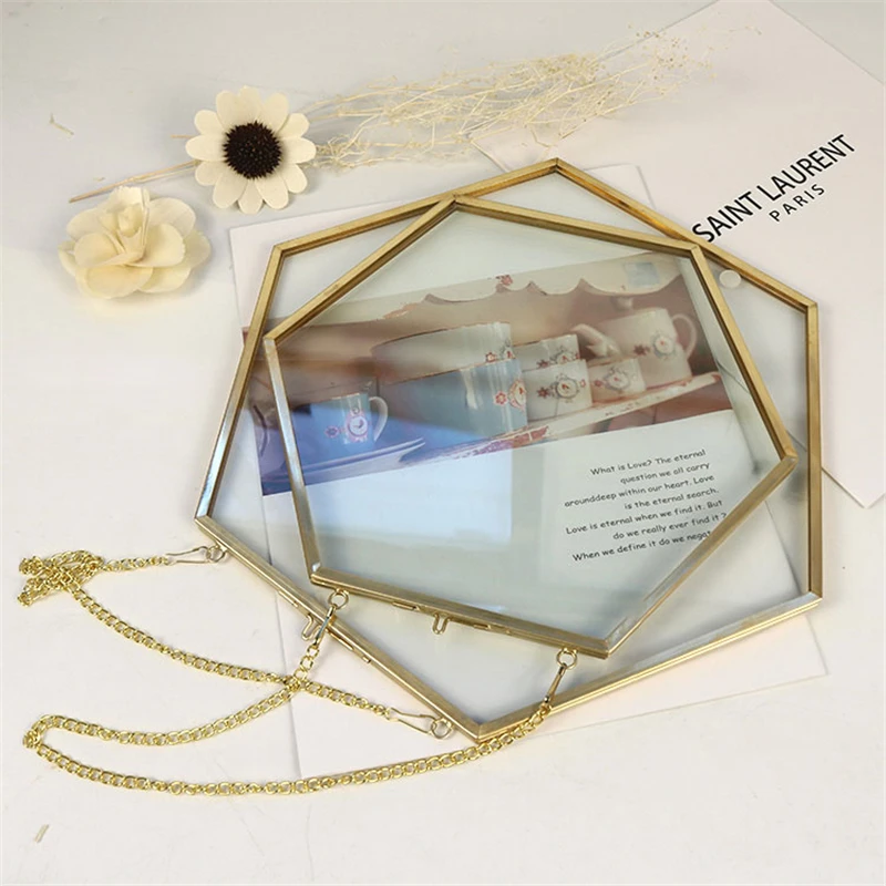 Hexagonal Glass Photo Frame Wall-mounted Coin Storage Frame Retro Home Wall Decoration Metal Specimen Picture Frames Handmade