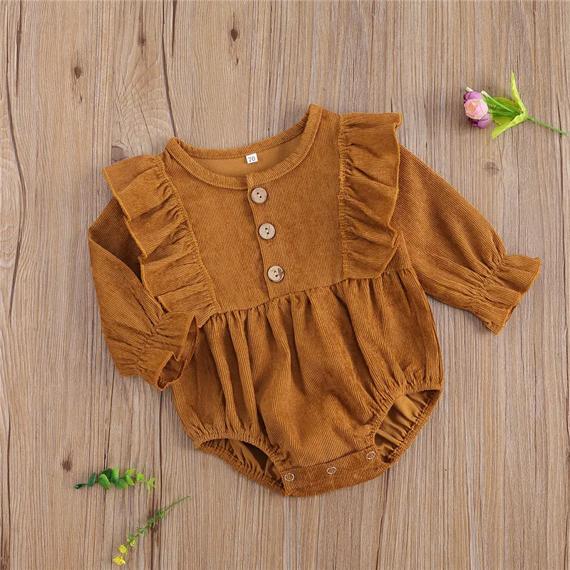 Baby Girls Solid Corduroy Bodysuits 0-24M Newborn Toddler Spring Fall Casual Cotton Long Sleeve O-Neck Ruffled Jumpsuits Outfits