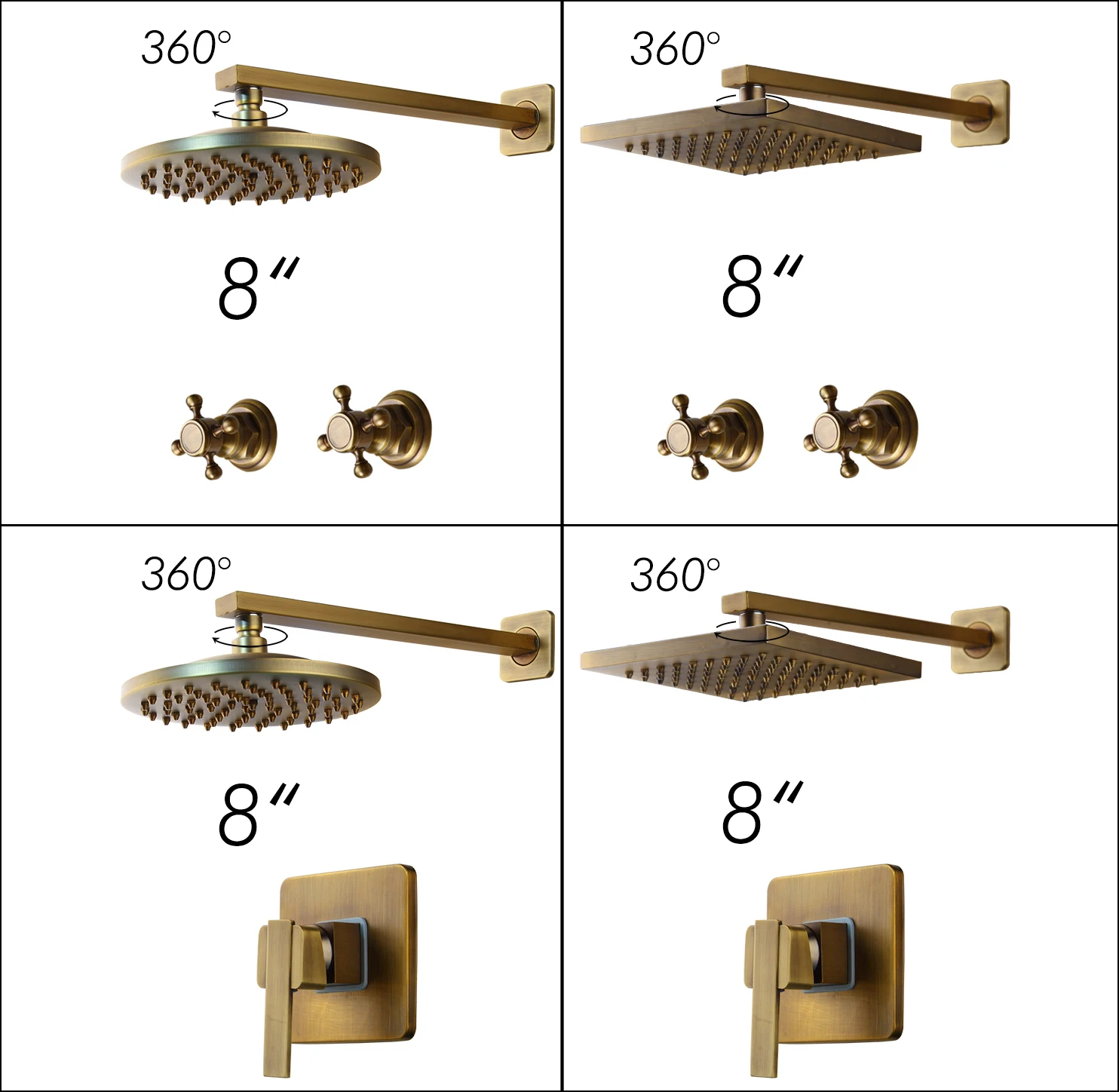 ZAPPO 8 inch  Black/Antique Brass Bathroom Rainfall Shower Faucet Set Wall Mounted 2 Handles Shower Set w/ Rainfall Shower Head