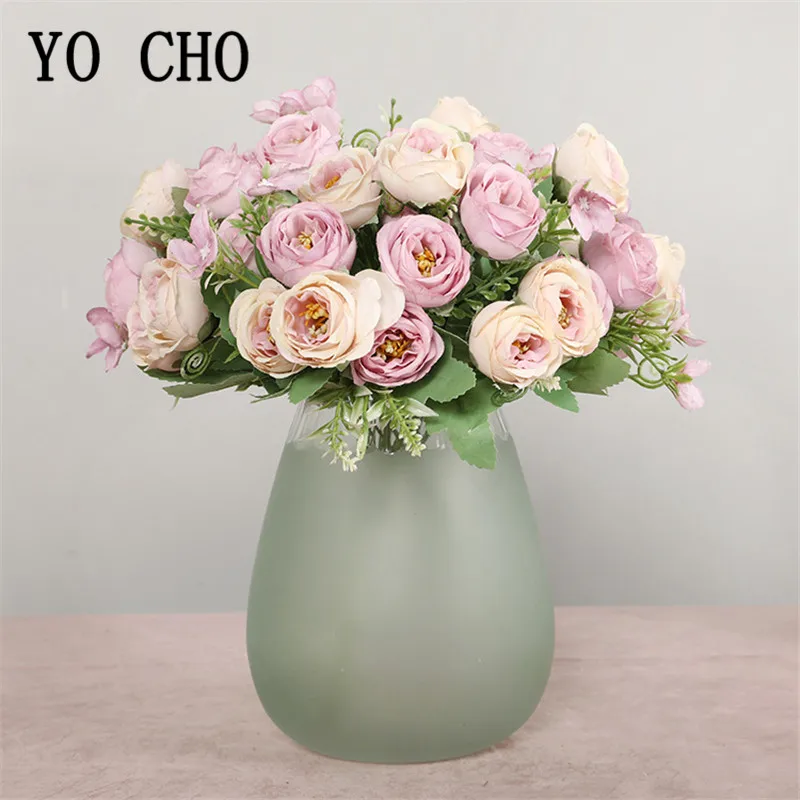 YO CHO-Mini ramo de flores artificiales para damas de honor, 10 cabezas, rosa de seda, decoración de boda, Fiesta en casa