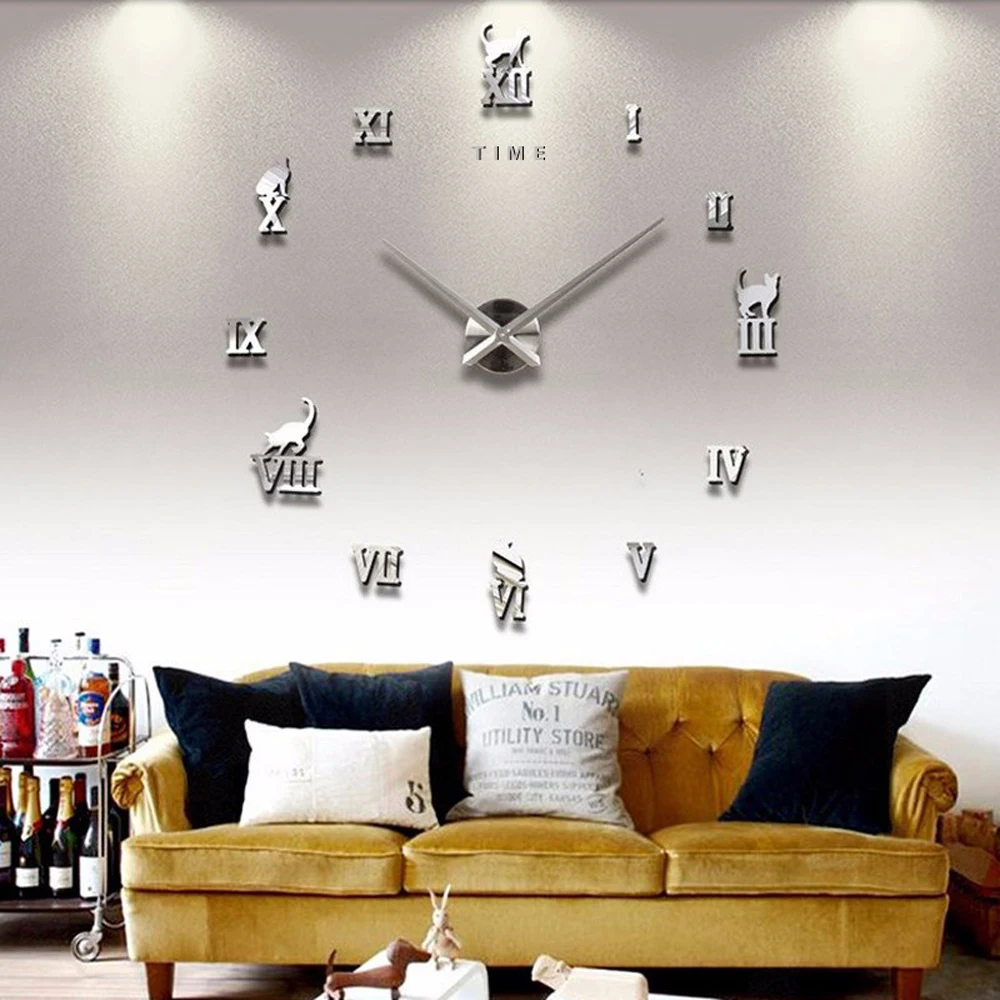 Acrylic Large Wall Clock Sticker Silent DIY Self adhesive Big 3D Wall Clocks Modern Design for Living Room Decor Roman Number