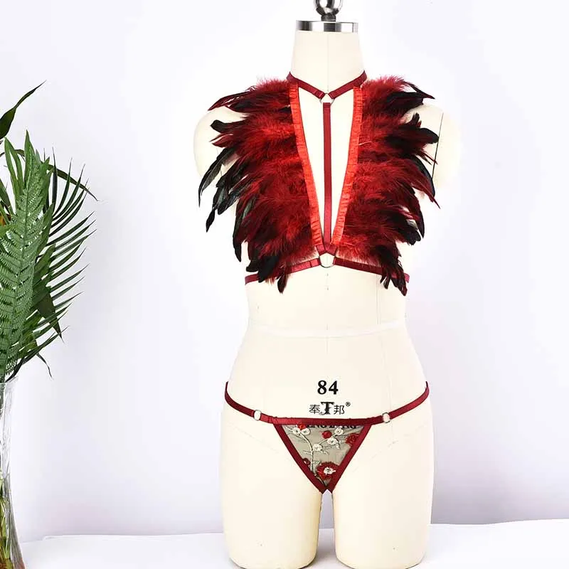 

Wine Red Feather Bra Lingerie Harness Halter Cage Top Lace Pantie High Waist Thong Feather Epaulette Shoulder wings Dance Rave