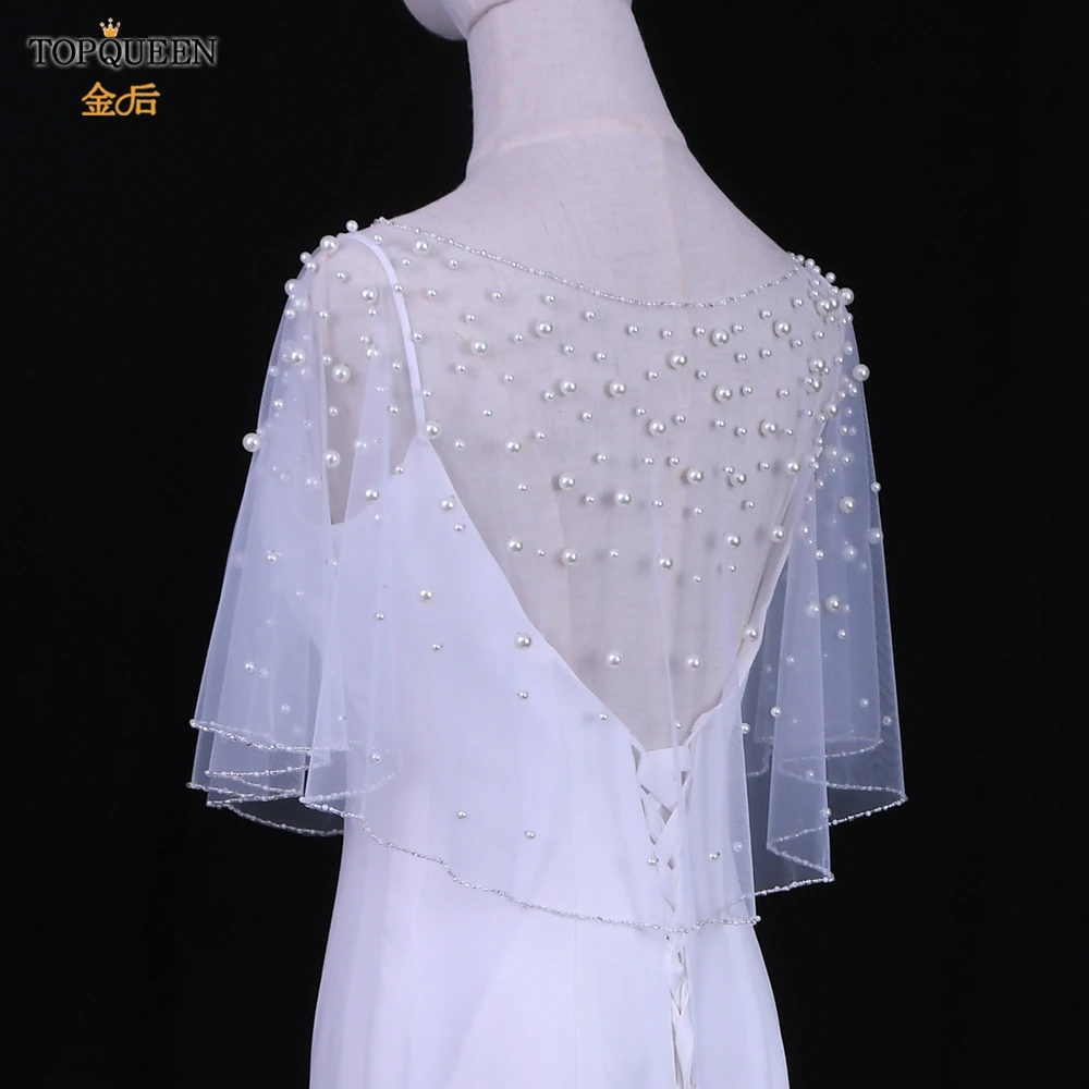 TOPQUEEN G31 Wedding Wraps Bridal Jackets for Wedding Dress Black Pearls Beaded Piping Round Neck Bridal Shawl Ladies Bolero DIY