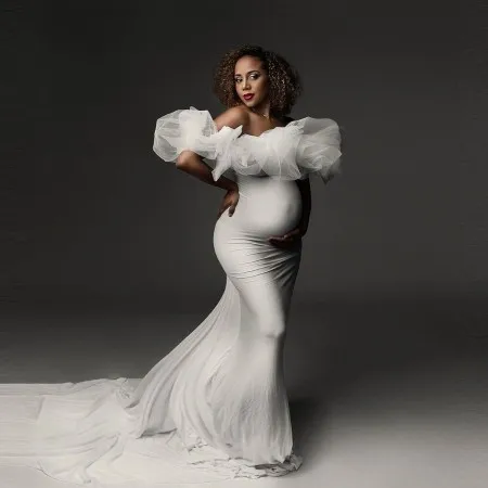 

Elegant White Mermaid Maternity Dresses Puffy Cap Sleeves Strapless Stretch With Train Plus Size Pregnancy Photo Gowns