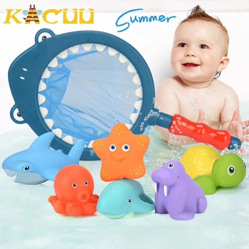 7PCS Baby Bath Toys Network Bag Pick up Duck&Fish Discolor Starfish Children Water Toys Soft Rubber Animal Water Spray Bath toys