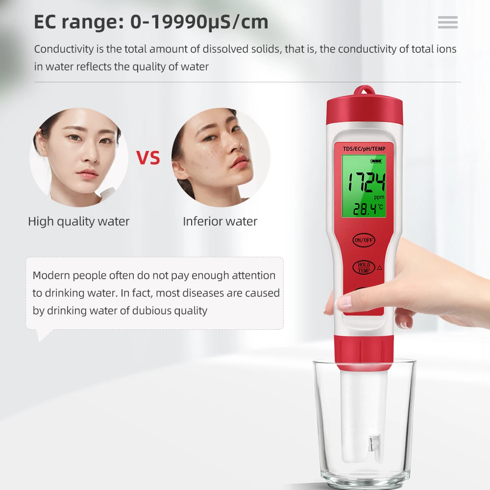 Tester per Monitor di qualità dell'acqua digitale per misuratore di temperatura professionale PH/TDS/EC 4 in 1 per piscina, acqua potabile, acquari