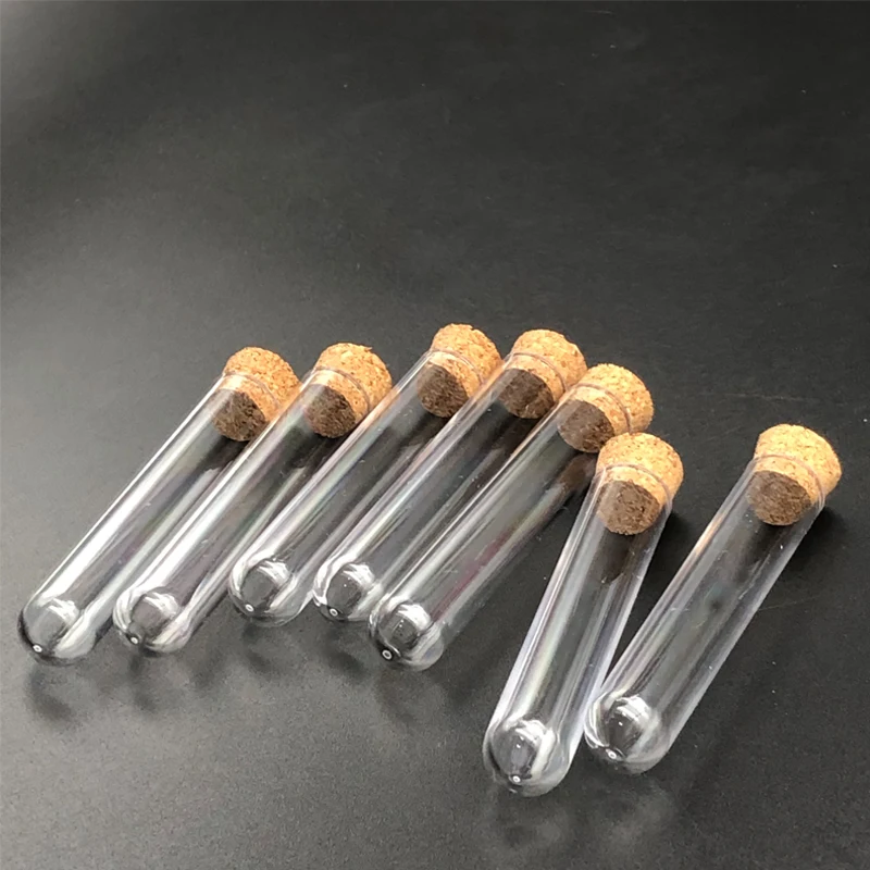 50pcs 12x60mm Lab Transparent Plastic Test Tube With Cork Cap Stopper U-shape Bottom Laboratory or Wedding Favours Spice Tube