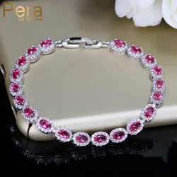 Pera Lovely Women Jewelry Rose Red Cubic Zirconia Crystal Oval-Shape Connected Chain Link Bracelets for Ladies Party Gift B050