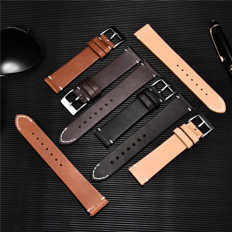 Ultra-thin Quick Release Leather Watchband 18mm 20mm 22m 24mm Bracelet Smart Watch Straps Soft Matte Wristwatch Band