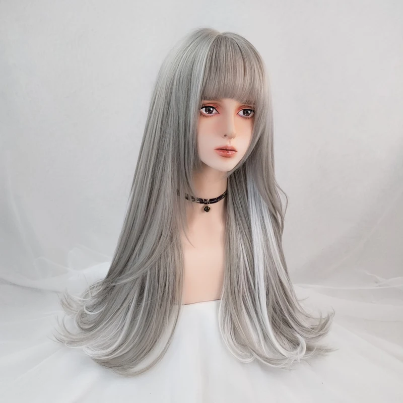 GAKA Long Synthetic Hair Gray Highlighting Hanging Ear Dyeing Micro-Volume Curly Wigs