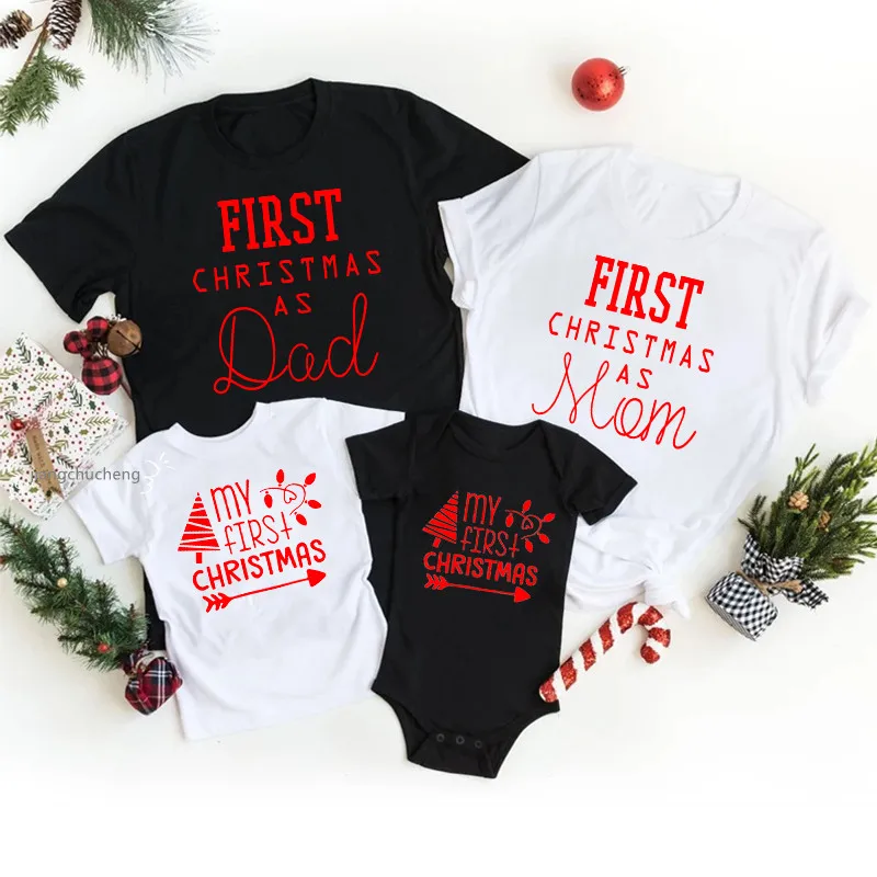 My First Christmas As Dad Mom Family Matching Clothes Father Mother Kids Shirts Baby Romper Cotton Family Look New Year\'s Outfit