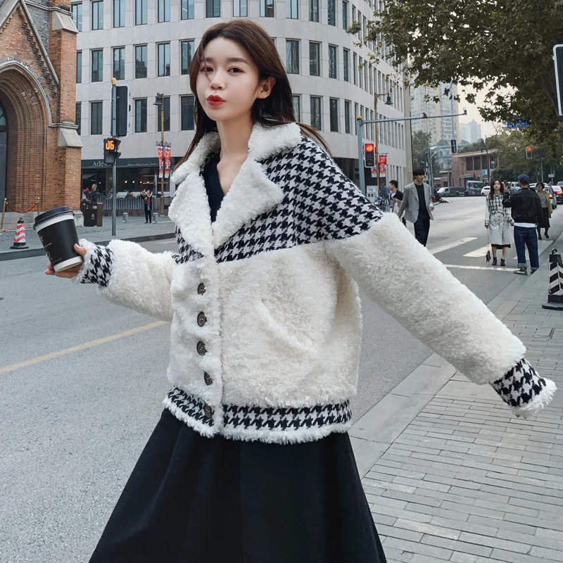 Women\'s winter new Korean style loose short quilted wool coat stitching houndstooth fashion women winter coat wool 2020