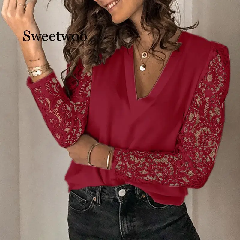 Blusa de gasa con cuello en V para mujer, camisa de manga larga bordada con encaje calado, 5XL talla grande, 2020