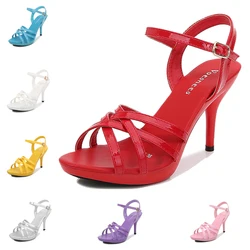 High Heel Sandals Women Shoes 2020 Summer New Slippers Red Fine Heel Patent Leather Women Open Toe Plus Size Sexy Ladies Banquet