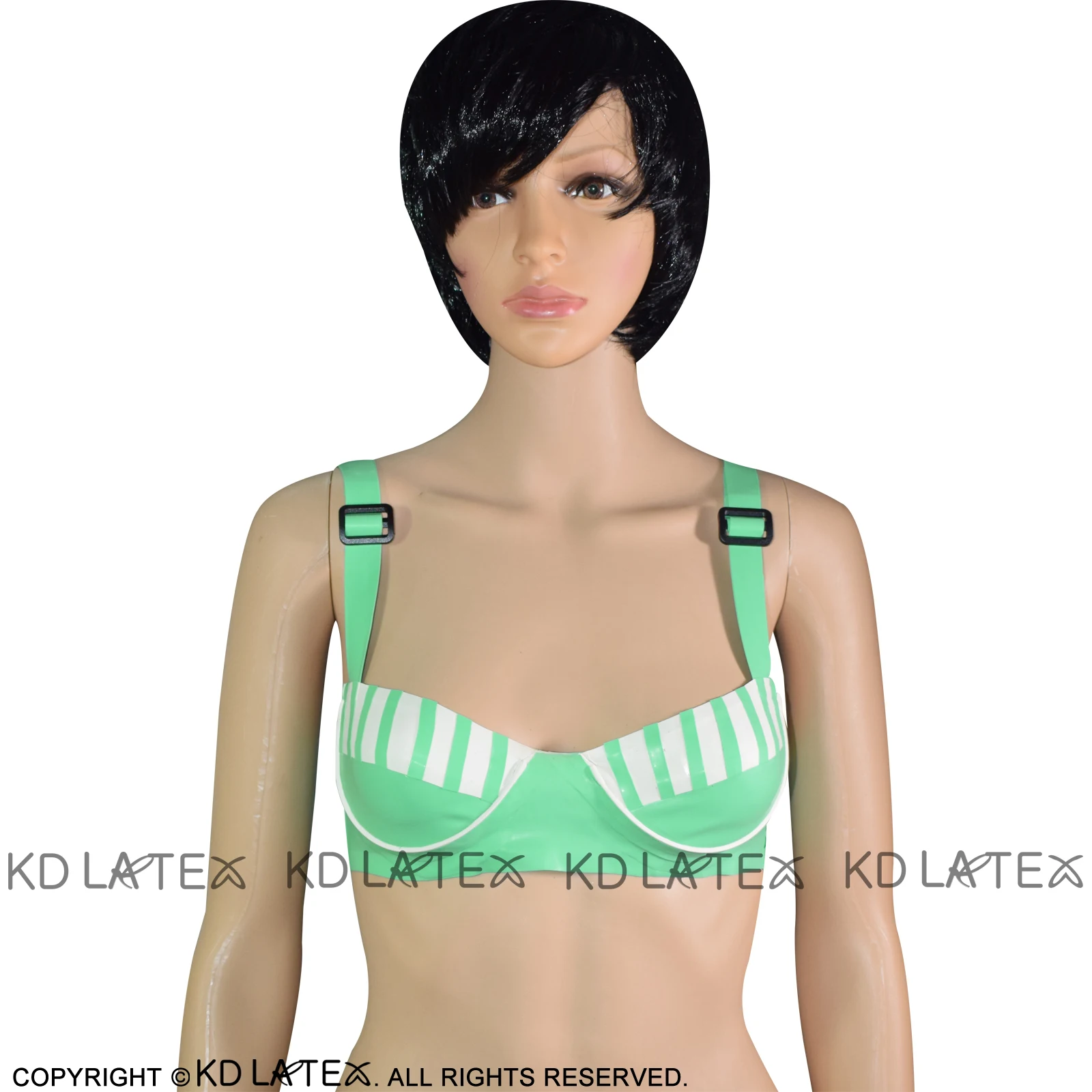 Jade Green And White Sexy Latex Bras With Stripes Buttons At Back D Ring Rubber Lingerie Brassieres 0014