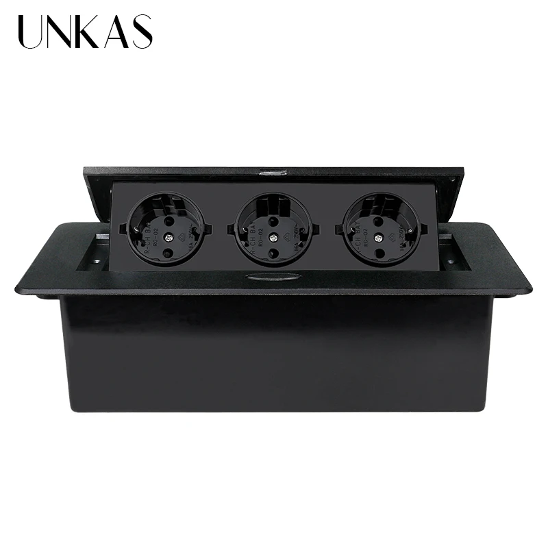 UNKAS Zinc Alloy Plate 16A Slow POP UP 3 Power EU Socket Office Meeting Room Hotel Table Desktop Outlet Matte Black Cover