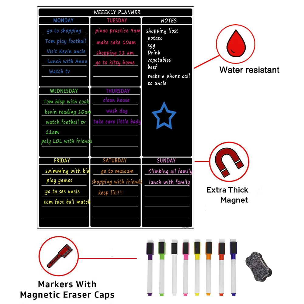 Magnetic Dry Apagar Whiteboard para Cozinha Geladeira, Weekly White Board, Calendário, Planejamento do Menu Útil, Mercearia Lista de Compras