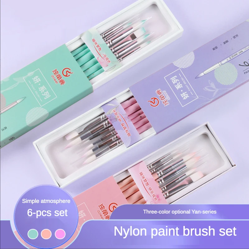 

6 Pcs box Nylon Hair Multifunction Brush Set wood Rod One Horned Deer Watercolor Gouache Acrylic Painting Three Colors Available