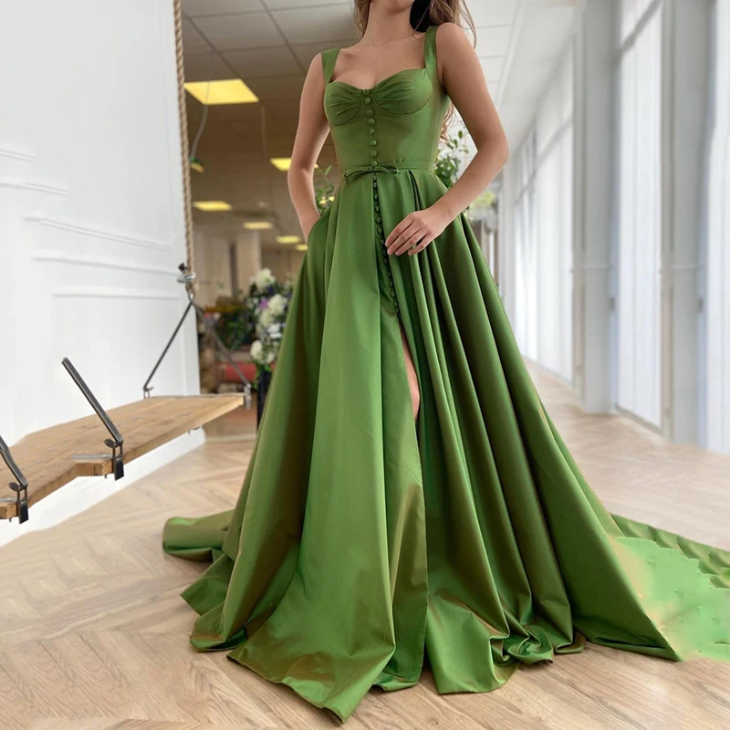 

UZN New Arrival Green Satin Bustier A-Line Prom Dress Elegant Straps Evening Dress Plus Size Split Party Dress