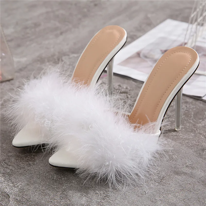 Summer New Sexy Feather Woman Sandals Transparent Perspex High Heels Fur Stiletto Peep Toe Mules Lady Slides Shoes Rose