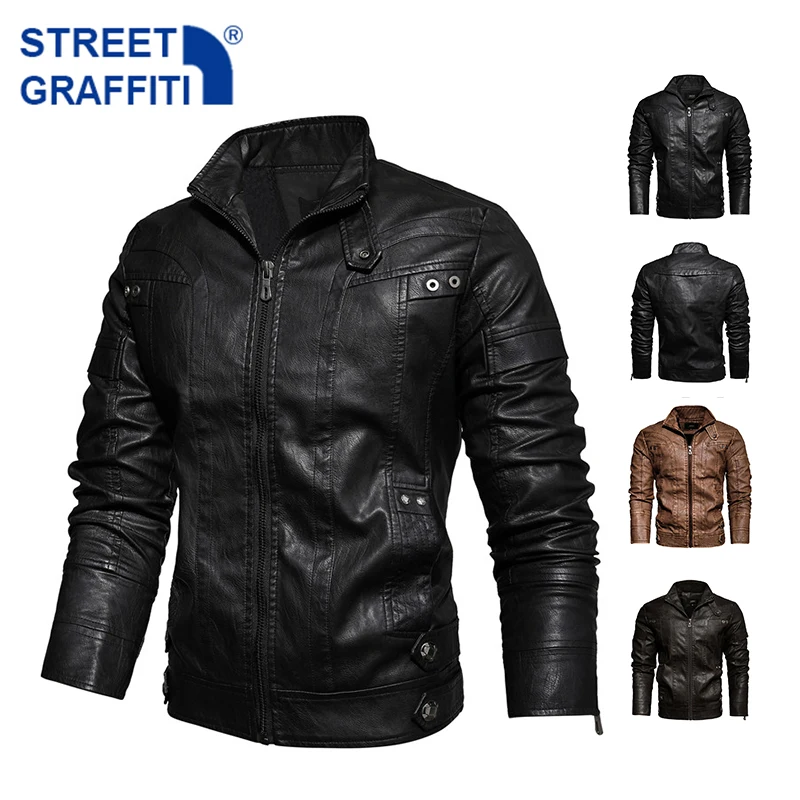 2021 Men’s Motorcycle Jacket Autumn Winter Men New Faux PU Leather Jackets Casual Embroidery Biker Coat Zipper Fleece Jacket