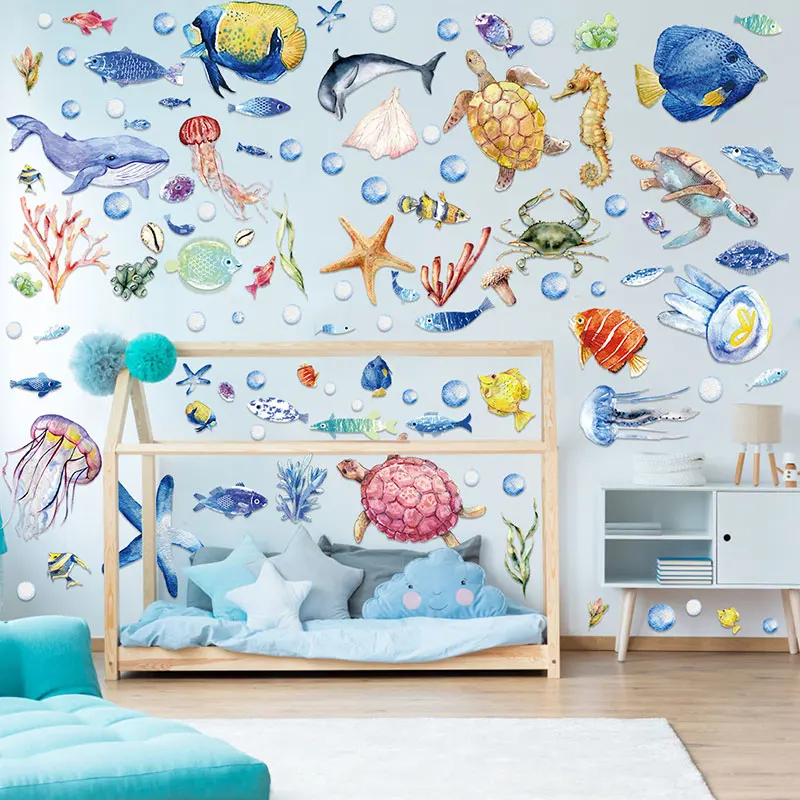 Cartoon Marine Life Wall Stickers for Kids rooms Bathroom Wall Decor Shark Jellyfish Sea Animals DIY Wall Decals for Home Decor