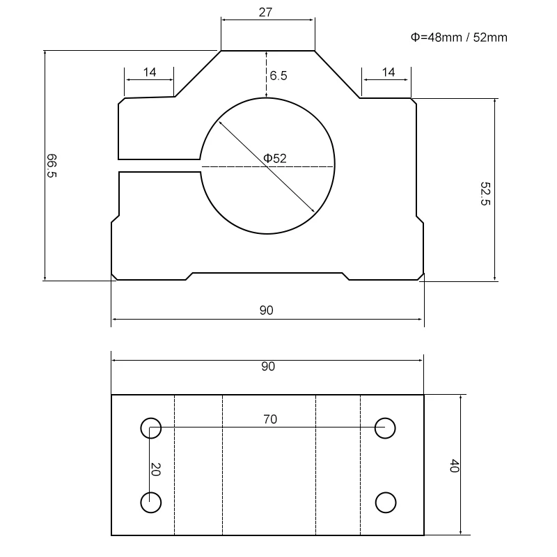 Mesin penggilingan CNC 48mm 52mm poros memperbaiki klem braket dudukan, Aluminium memegang perlengkapan dengan 4 sekrup