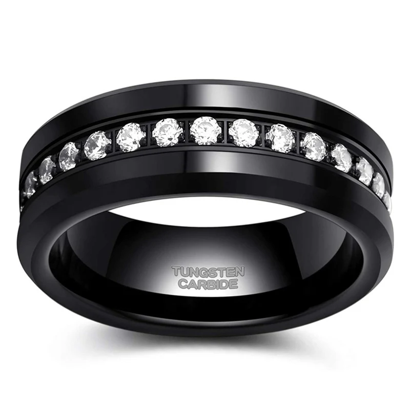 Tigrade 8mm Mens CZ Rings Black Tungsten Wedding Band Simulated Diamond Inlay Channel Set Comfort Fit Ring for Male