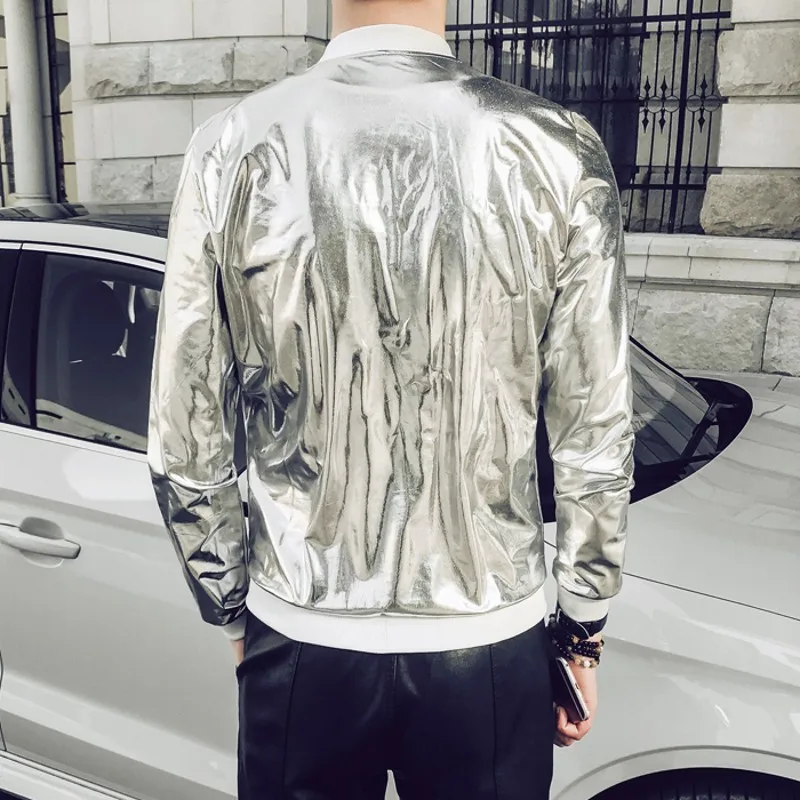 Bomber Windbreaker Jacket Men Fashion Silver Gold Autumn Thin Male Streetwear Slim Fit Hip Hop Nightclub Stage Costume Coat